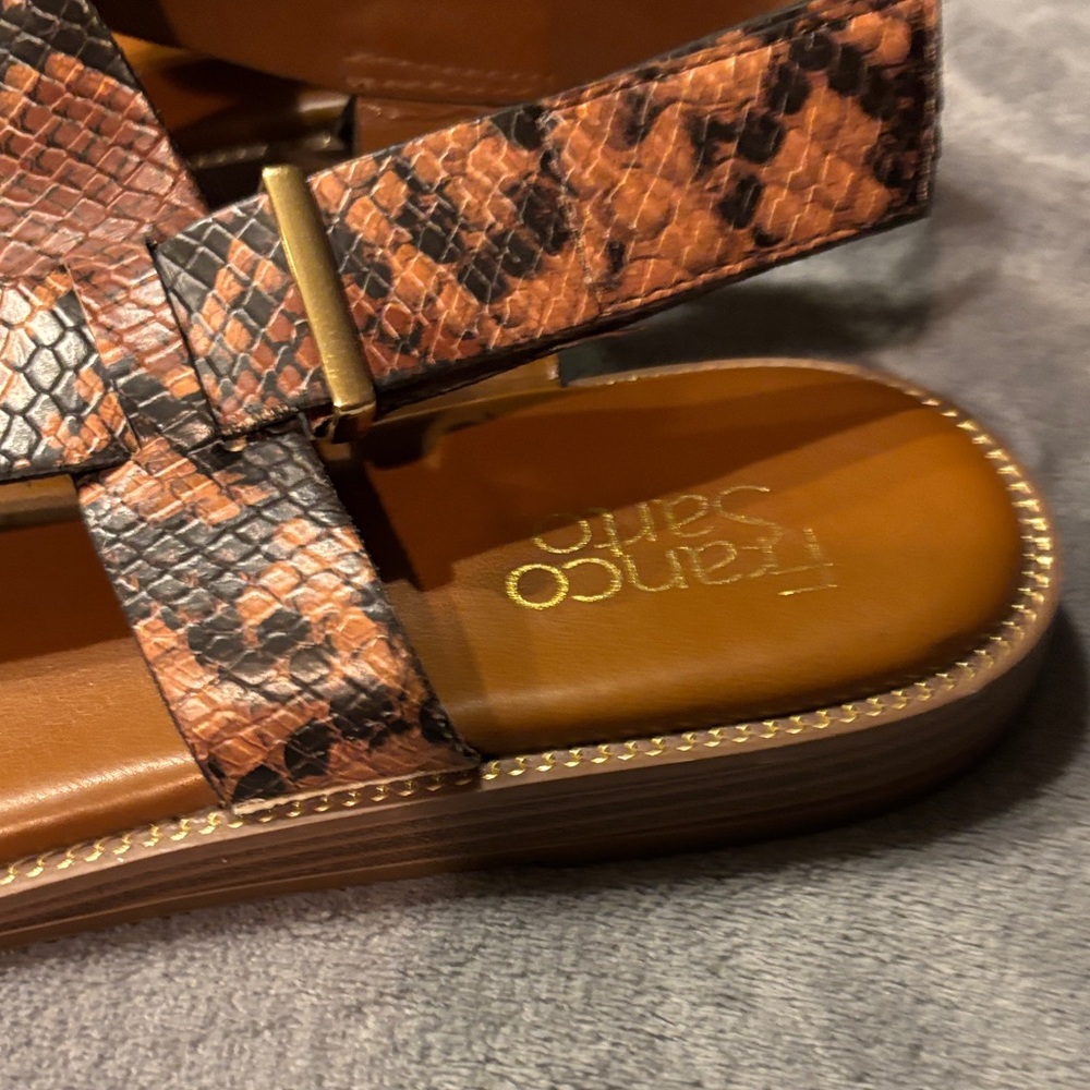 Franco Sarto Brown Snake-Print Leather Sandals - Picture 6 of 8